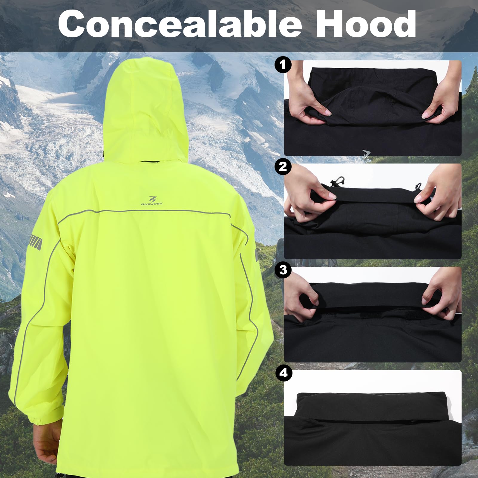 Burjosy Regenanzug Herren, Wasserdicht Regenjacke Regenhose, Packbare Leicht Reflektierende Windjacke mit Kapuze, Atmungsaktiv Fahrrad Regenmantel für Outdoor Wandern Camping 4