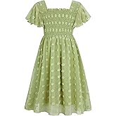 Kids4ever 6-12T Girls Chiffon Dress with Solid Pom Poms & Flutter Ruffle Short Sleeve Kids Lace Square Neck Frocks