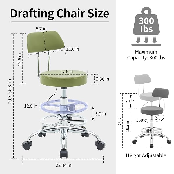 FIRAVOE DRAFTING CHAIR (WORK STOOL WITH BACK)(SWIVEL SHOP STOOL 19.5″-26.6″) ADJUSTABLE HEIGHT AND FOOTREST ERGONOMIC OFFICE CHAIR (GREEN)