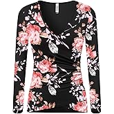 Beauhuty Women's Deep V Neck Slim Fitted Long Sleeve T-Shirt Front Wrap Ruched Tee Tops