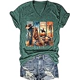 Cowgirl Shirts for Women Vintage Western Rodeo Graphic Tee Short Sleeve Tops Western Cow Skul Tee