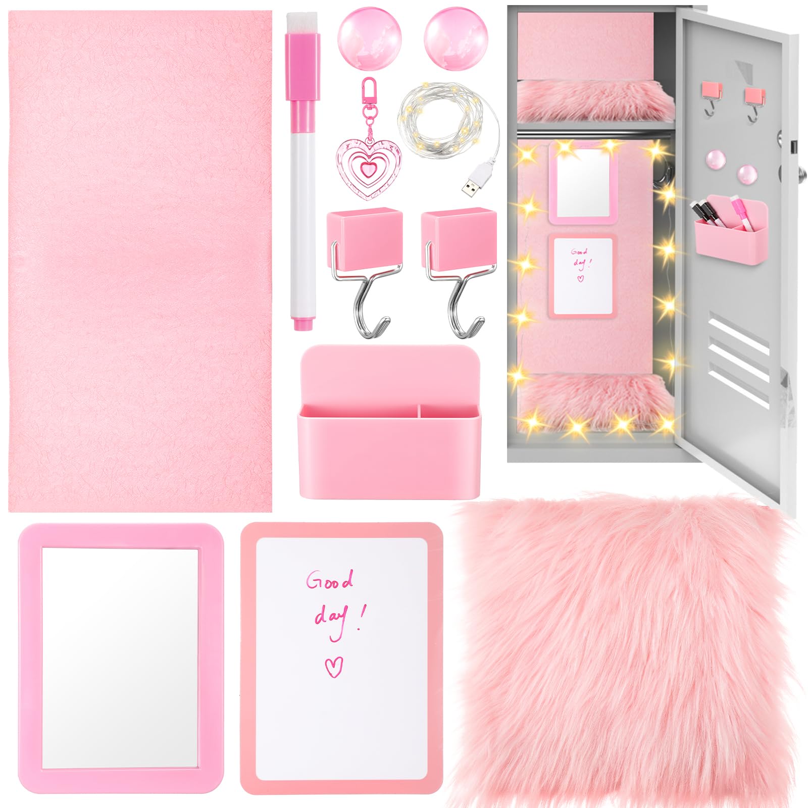 Photo 1 of Wonderjune 12 Pcs Locker Accessories Kit Magnetic Mirror Whiteboard Pen Holder Magnet Hook Locker Wallpaper Rug Keychain Marker String Light for Back to School Essentials Locker Decorations(Pink)