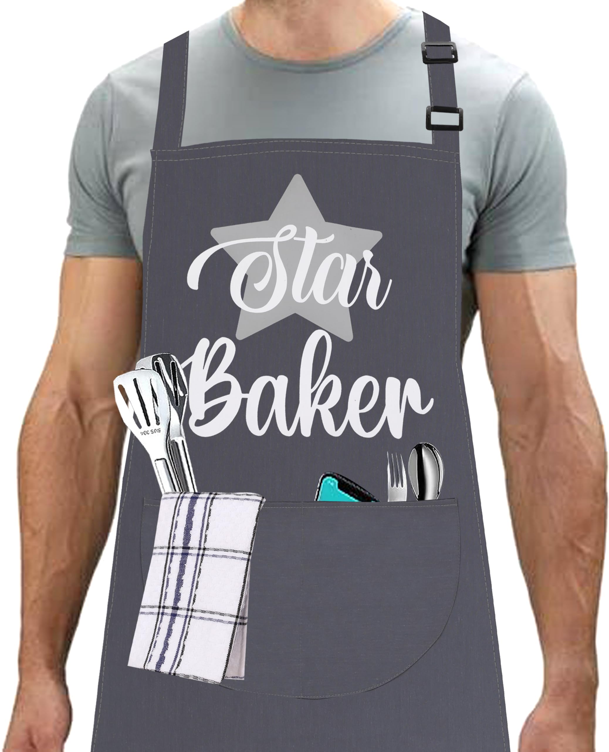 LINEN CLOSET® Baking Aprons for Women Baker Aprons for Men Funny Baking Gifts for Bakers Wife Husband Mother Daughter Kitchen Aprons with Pockets-star baker apron