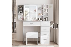 Fameill White Vanity Desk with Mirror and Lights,Makeup Vanity Table with Power Strip and Sliding Locker,Visual Drawer Makeup Desk with 5 Drawers and Cabinet,3 Lighting Modes