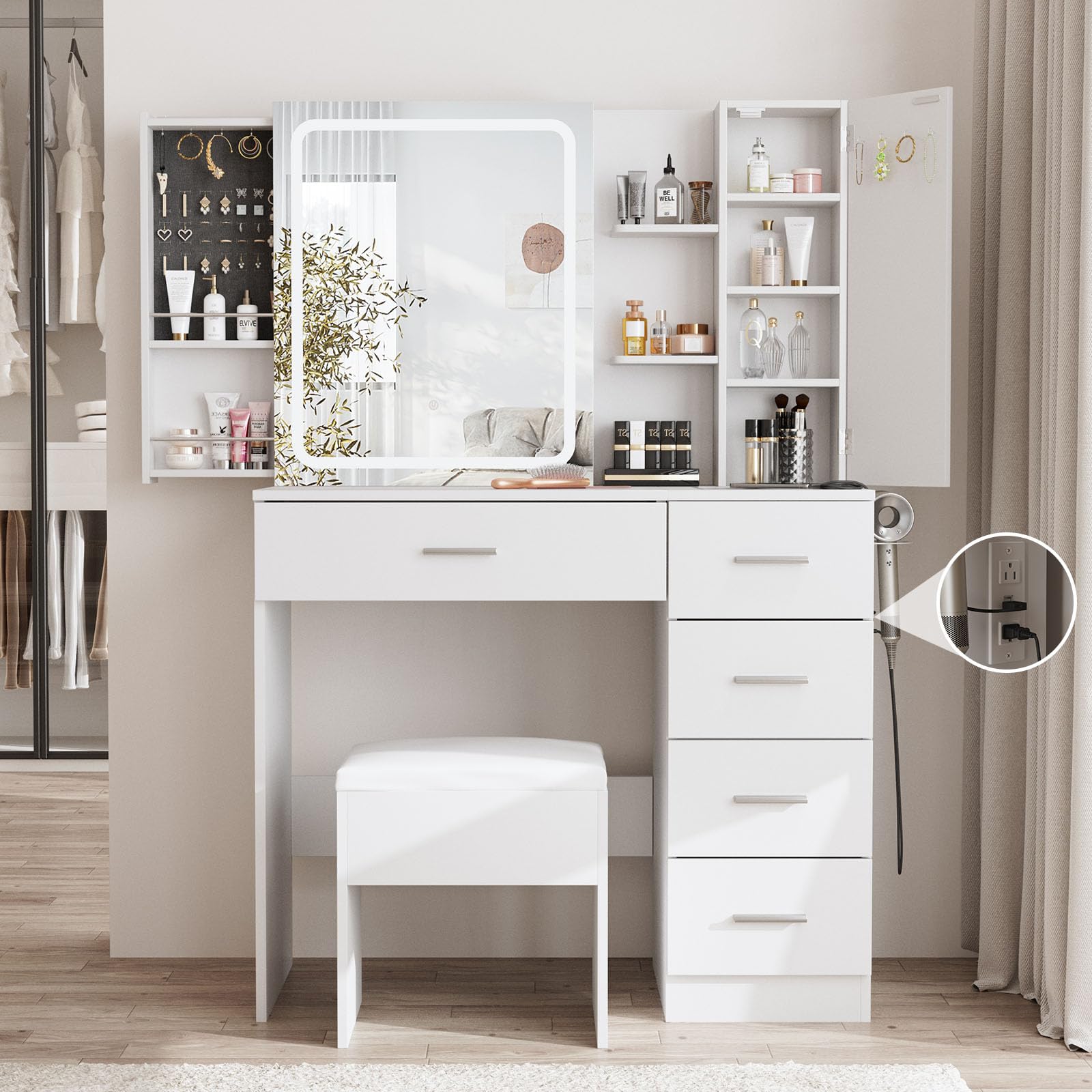 Photo 1 of ***DAMAGE MINOR***
Fameill White Vanity Desk with Mirror and Lights,Makeup Vanity Table Set with Power Strip and Sliding Locker,Visual Drawer Dressing Table with 5 Drawers&Shelves&Cabinet,3 Lighting Modes