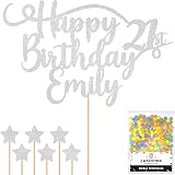 Cakeshop Personalised Happy Birthday Glitter Cake Topper Light Silver Name & Age