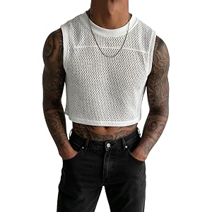 VIPWOLF Men's Fishnet Cropped Tank Tops Sheer Sleeveless Crop T Shirts Summer Going Out Party Clubwear