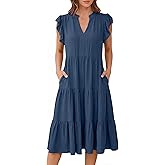 ANRABESS Womens Summer Casual Dress V Neck Ruffle Sleeve Midi Dresses 2026 Trendy Flowy Tiered Boho Beach Vacation Sundress