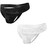 Umiehary Men Low Rise Lace T Back Breathable All Day Comfortable Thongs Stretchy Waistband 2 Pack Small-4XL
