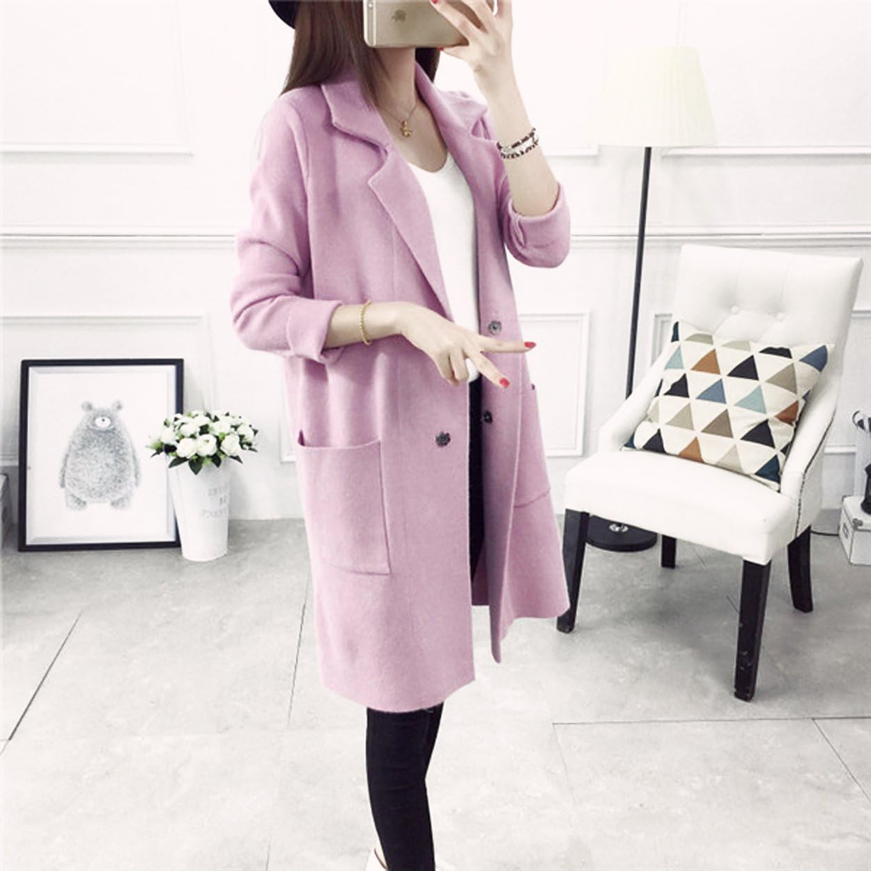 Turn-Down Collar Long Cardigan Core-Spun Yarn Knitting Coat Covered Button Sweater For Autumn Winter