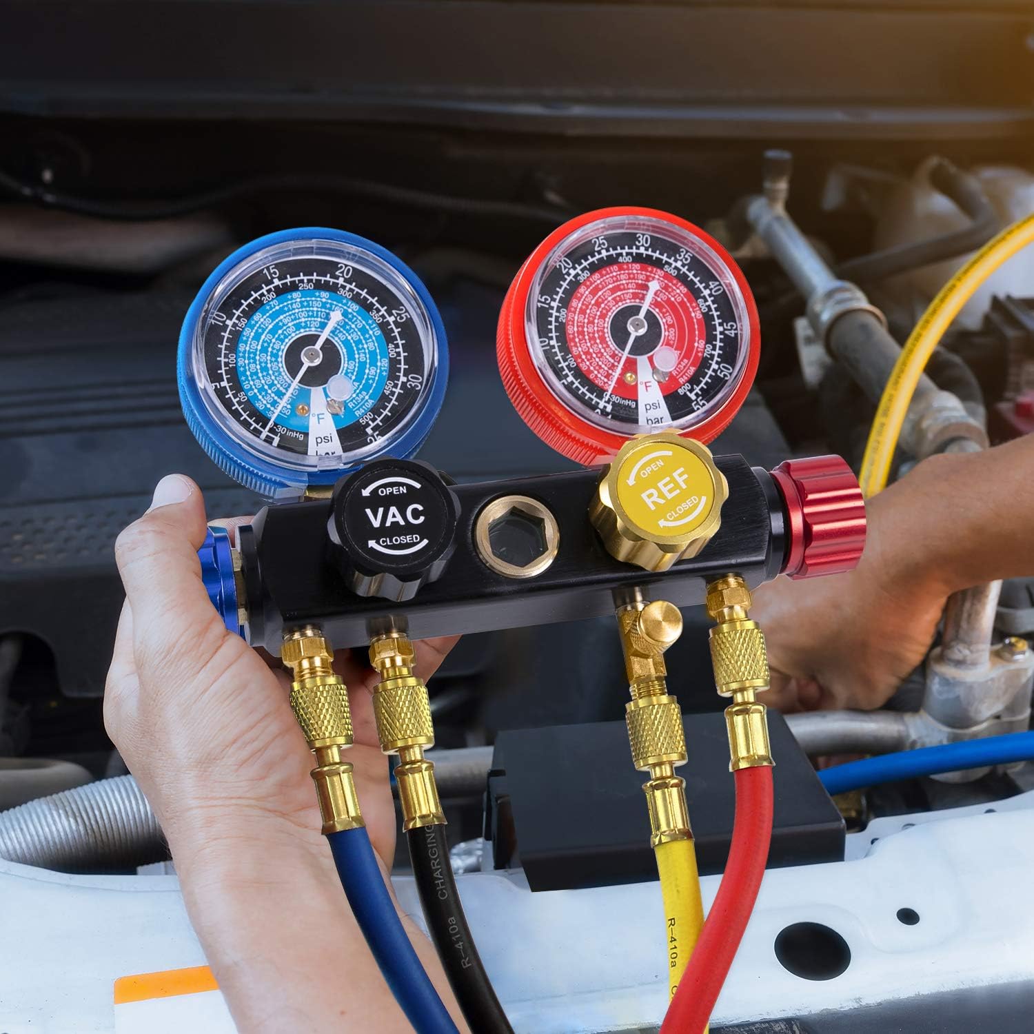 AURELIO TECH 2020 UPGRATE Version 4 Way A/C Manifold Gauge Set Fits R134A R410A R404A R22 Refrigerants with 5FT Hose, 3 Acme Tank Adapters, Adjustable Couplers and Can Tap: Automotive