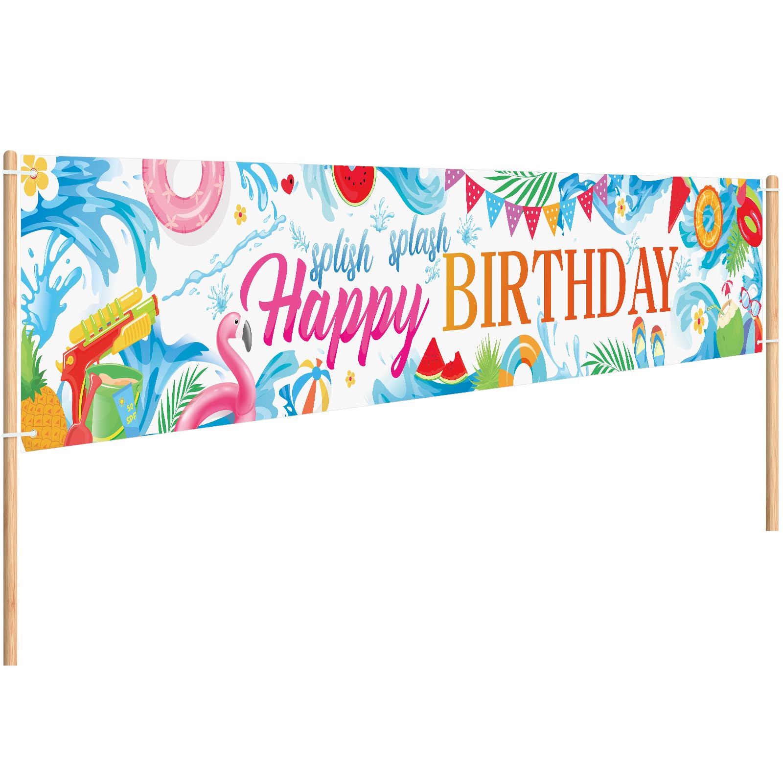 Photo 1 of Tingjoo Splish Splash Summer Birthday Decorations Splish Splash Happy Birthday Pool Party Banner Extra Large Size Banner for Summer Pool Party Supplies 118 x 20 Inch