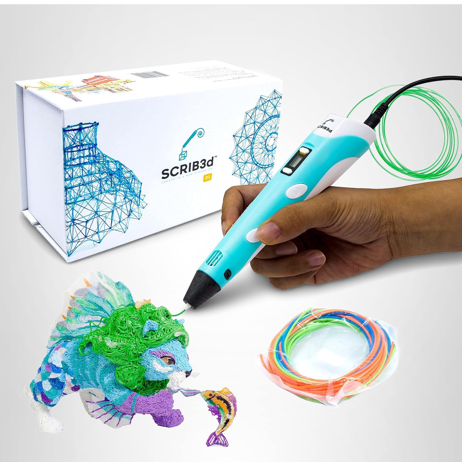SCRIB3D P1 3D Printing Pen with Display - Includes 3D Pen, 3 Starter Colors of PLA Filament, Stencil Book + Project Guide, and Power adapter