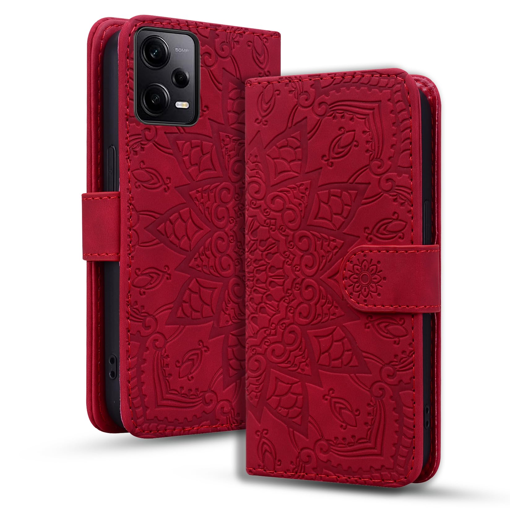 Rosbtib Red Flip Case for Xiaomi Redmi Note 12 Pro 5G/ Poco X5 Pro 5G - PU Leather with Magnetic Closure, Card Slot & Stand Function - Mandala Embossing - Red
