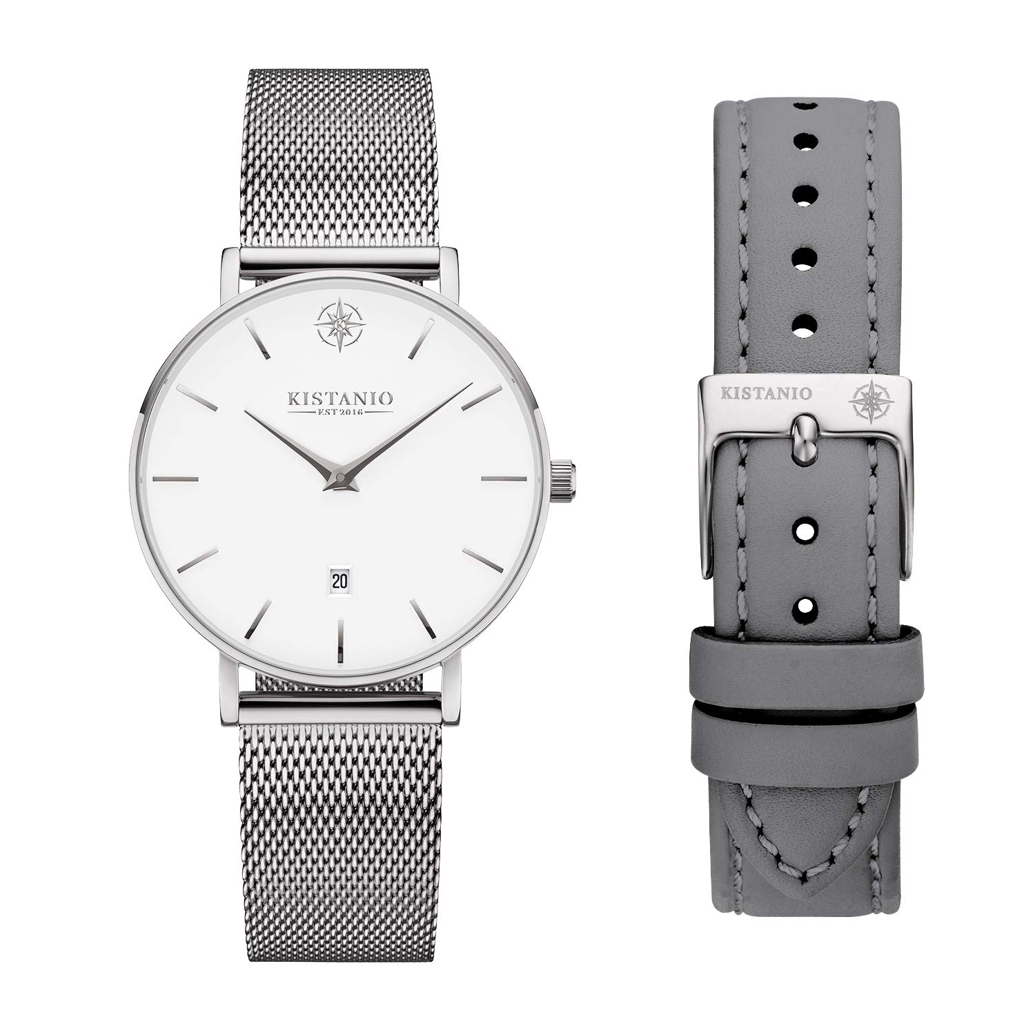 Kistanio Petit SI-WH-M-L-GR Women's Watch with Sapphire Glass and Milanese Strap + Extra Leather Strap