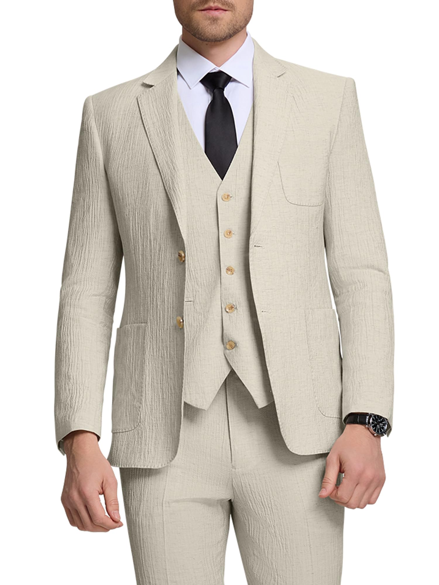 Photo 1 of Autrl Men's Suit Slim Fit Suits 3 Piece Beige Suits for Men Linen Jacket Vest Pants for Summer Wedding Prom Lightweight Tuxedos L