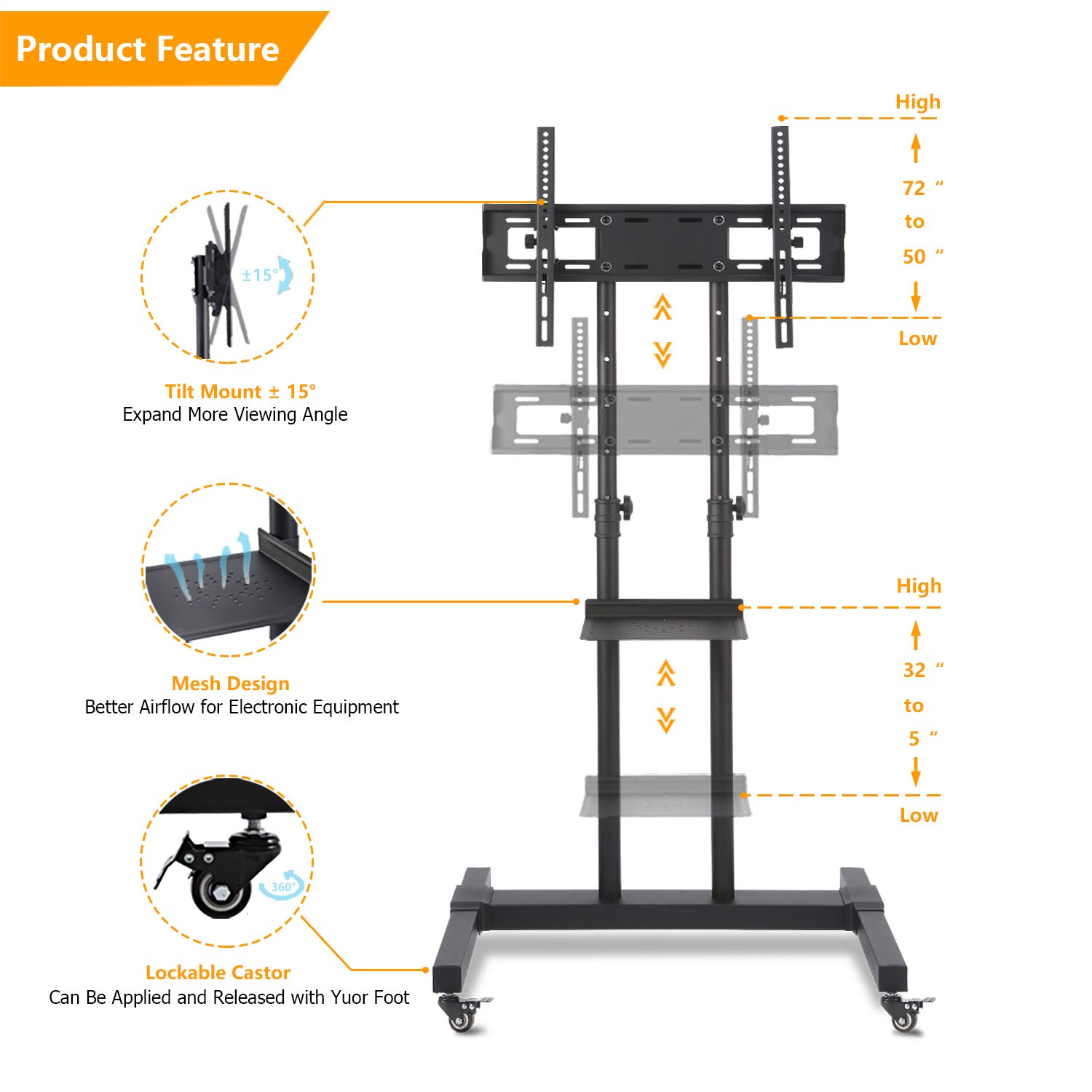 TAVR Tall Rolling Mobile TV Cart Floor Stand with Height Adjustable