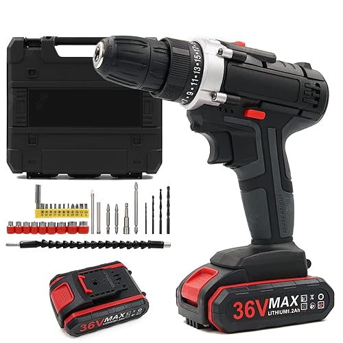 SANON Electric Screwdriver, 36V Cordless Power Drill Driver, Lithium Ion Drills Driver Screwdriver Set, Rapid Drilling, Rechargeable Battery, with LED Work Light, 1H Fast Charging