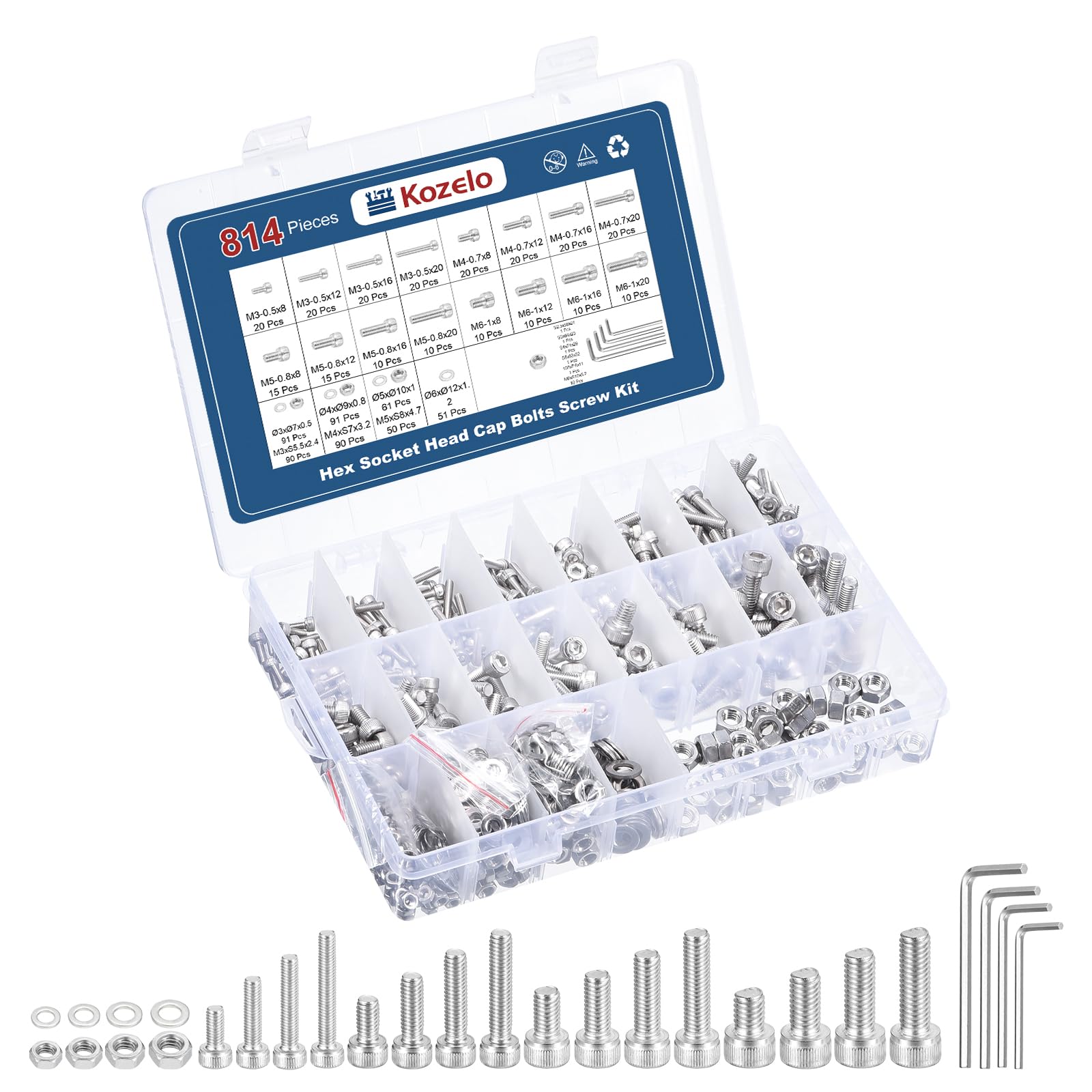 Kozelo 814pcs Socket Head Cap Screws Bolts Nuts Assortment Kit - [M3/M4/M5/M6] 304 Stainless Steel Allen Socket Drive for 3D Printer with Allen Wrench