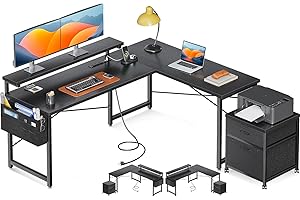 AODK L Shaped Computer Desk, 55" Office Desk with File Cabinet, Power Outlet and Adjustable Monitor Stand, Executive Home Office Furniture Set, Reversible Corner Desk with Storage Bag, Black