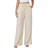 Jyanl Linen Pants for Women Flowy Palazzo Pants Loose Boho High Waist Casual Wide Leg Trousers Summer Beach Vacation Outfits