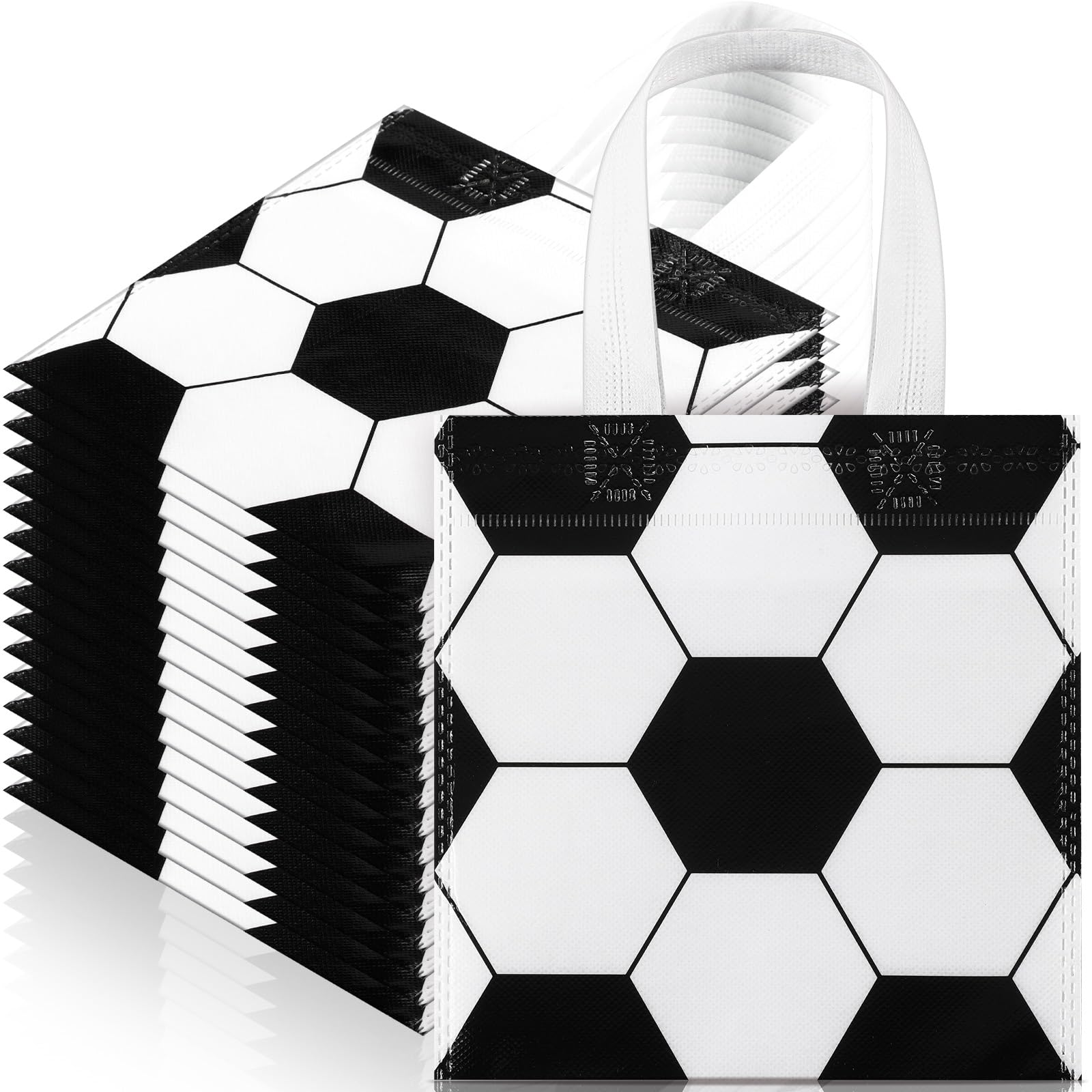 Photo 1 of Sweetude 12 Pcs Soccer Party Gift Bags Sports Theme Candy Goodie Bags 7.8 x 7.8 Inch Soccer Non Woven Totes with Handles for Sports Party Favors Birthday Decor Supplies