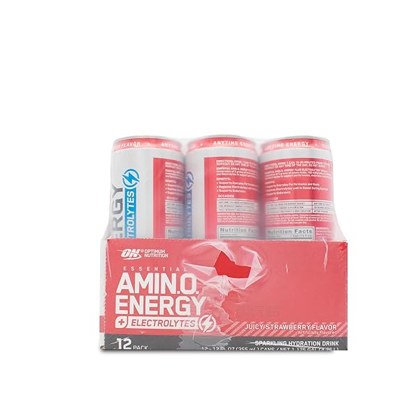 OPTIMUM NUTRITION AMINO ENERGY SPARKLING HYDRATION DRINK, ELECTROLYTES, CAFFEINE, AMINO ACIDS, BCAAS, SUGAR FREE, JUICY STRAWBERRY, 12 FL OZ, 12 PACK (PACKAGING MAY VARY)