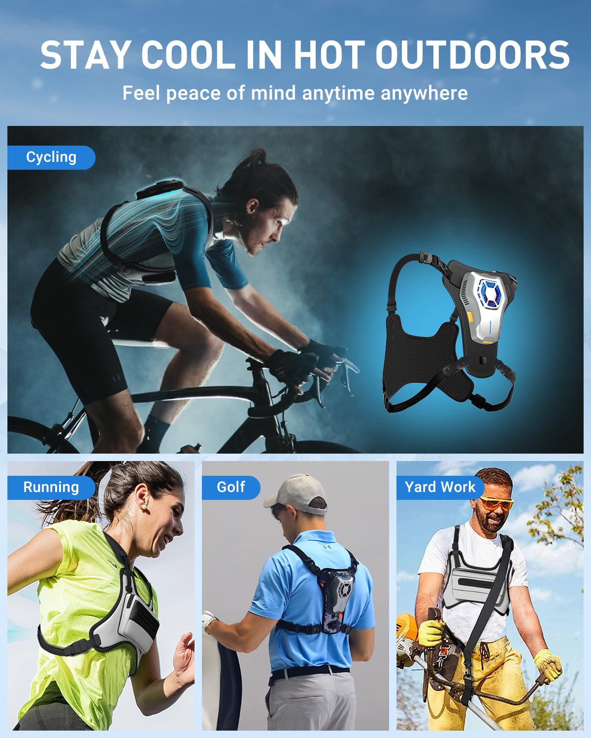 THOUSTA Portable Wearable Fan Rechargeable, Lightweight Cooling Vest, Portable Back Air Conditioner, Cooling Clothes Perfect for Travel, Sport, Hiking (Black)
