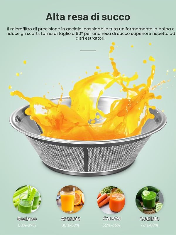 Centrifuga Frutta e Verdura, Spremiagrumi di riempimento da 3 pollici, facile da pulire, in acciaio inox, senza BPA, ideale per frutta e verdura (Argento, 800W) — foto 8 di 8