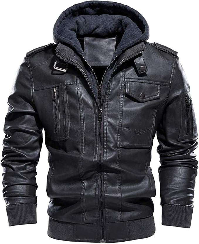 Men's Tactical Detachable Hooded Zip Front Fleece Lined Moto Pu Leather