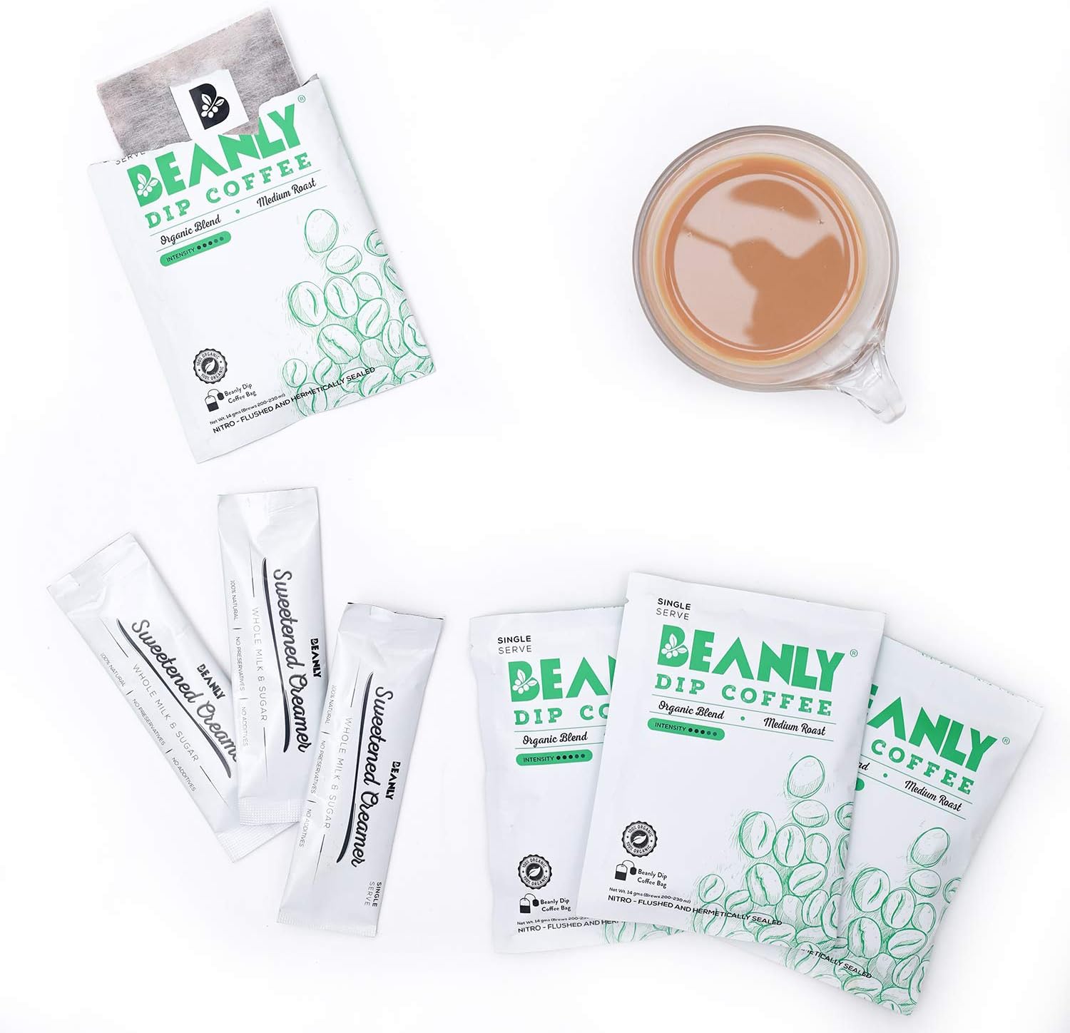 Beanly Single-Serve Dip Coffee with Sweetened Creamer - Organic Blend | 10 Coffee Bags & Creamers | No Milk & Sugar Required
