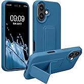kwmobile Case Compatible with Apple iPhone 16 - Case with Hand Strap and Stand Soft TPU Silicone Coating - Caribbean Blue