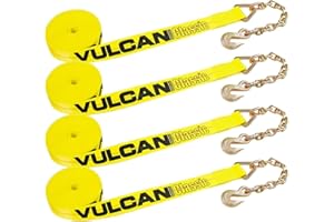 VULCAN Winch Strap with Chain Anchor - 2 Inch x 27 Foot - 4 Pack - Classic Yellow - 3,600 Pound Safe Working Load