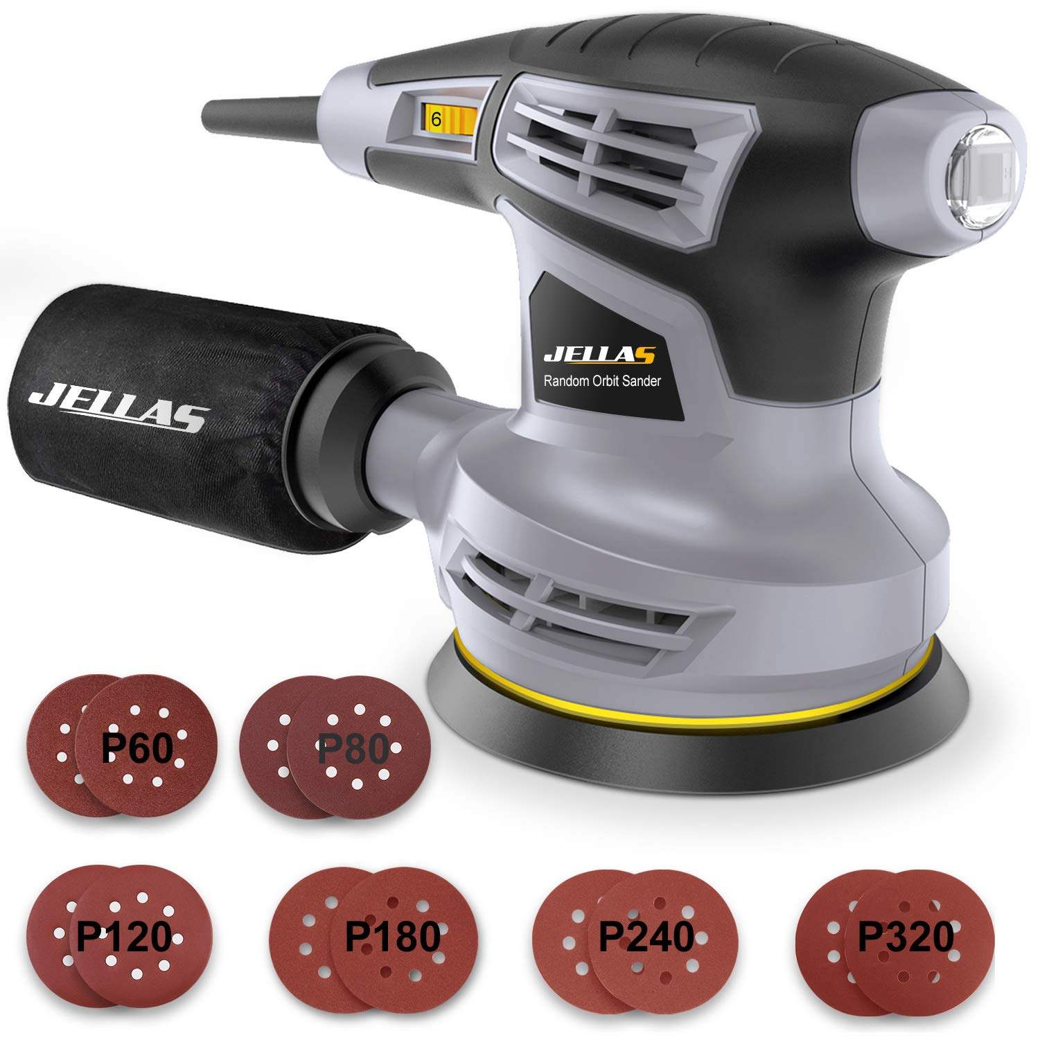 Jellas Orbital Sander, 125MM 13000RPM 6 Variable Speed Orbit Sanders, 12 Pcs Sandpapers,Dust Collection Bag, 360°Rotating Sanding Base Plate, Sander for Wood