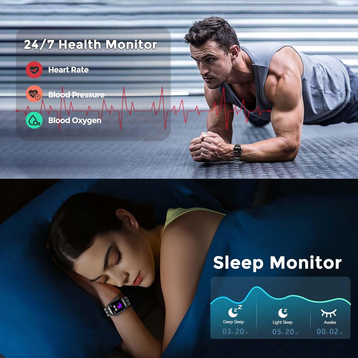 VIRAN Military Smart Watches for Men, 1.96'' AMOLED Fitness Tracker Smartwatch with Dual Silicone Bands, IP68 Waterproof Fitness Watch with Heart Rate BP SpO2 Sleep Monitor for iOS Android Phones