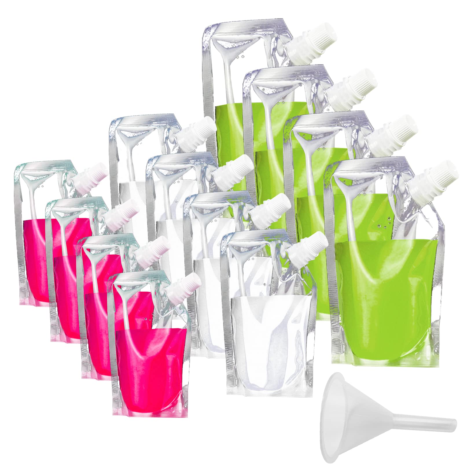 12 Pack Drink Pouch,Reusable Plastic Flasks Concealable Juice Pouch Bags with Spout and Small Funnel for Picnic Camping Party Beverage Drinks, 300ml, 420ml, 500ml
