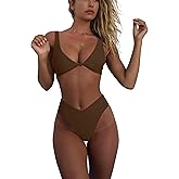 geluboao Bikini Set for Women Solid V Neck Knot Front Push Up High Leg Thong Two Piece Swimsuit