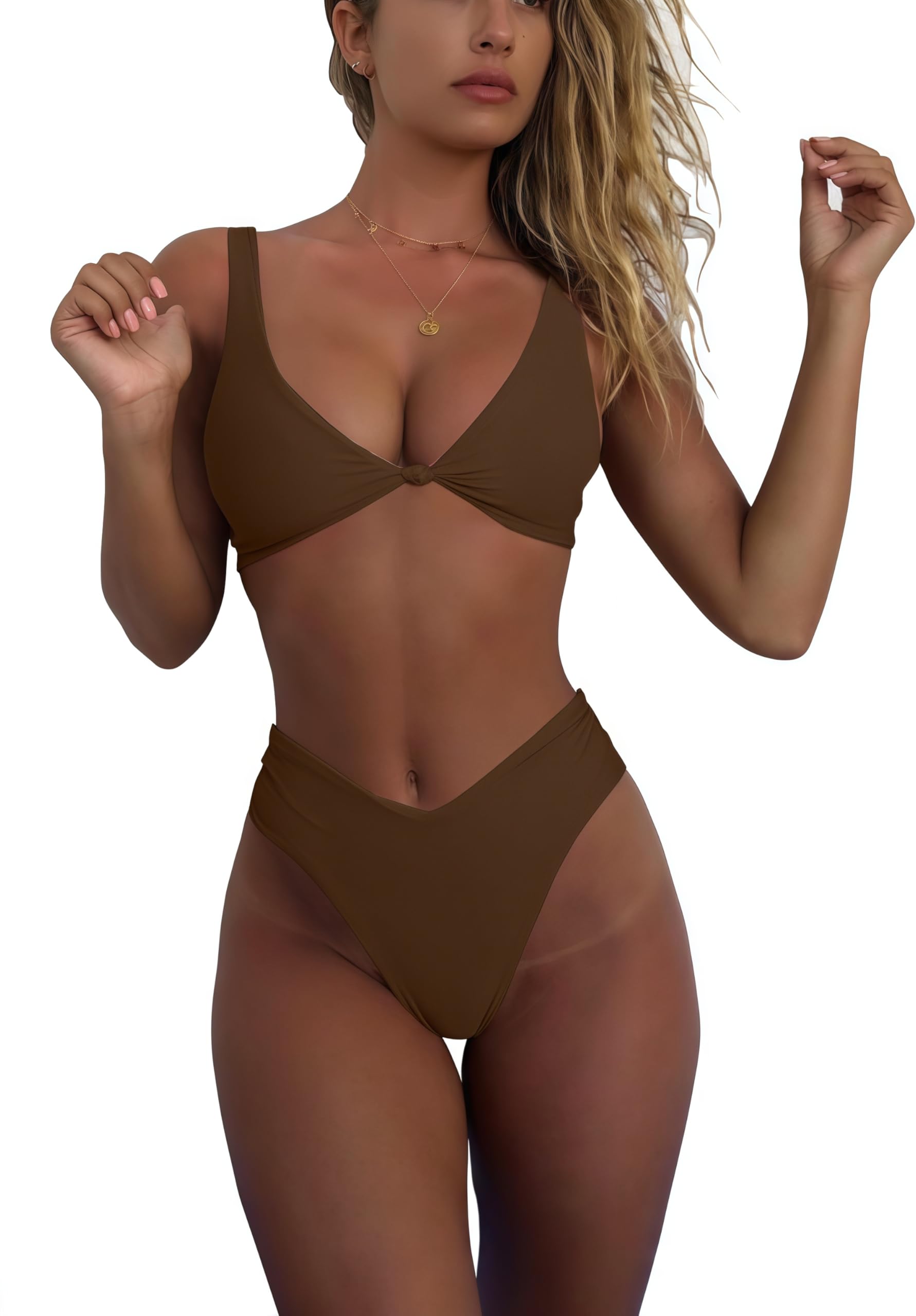 Photo 1 of geluboao Two Piece Brown Bathing Suit for Women Sexy Kont Bikini Bras Cheey High Waisted High Cut Bikini Bottom L