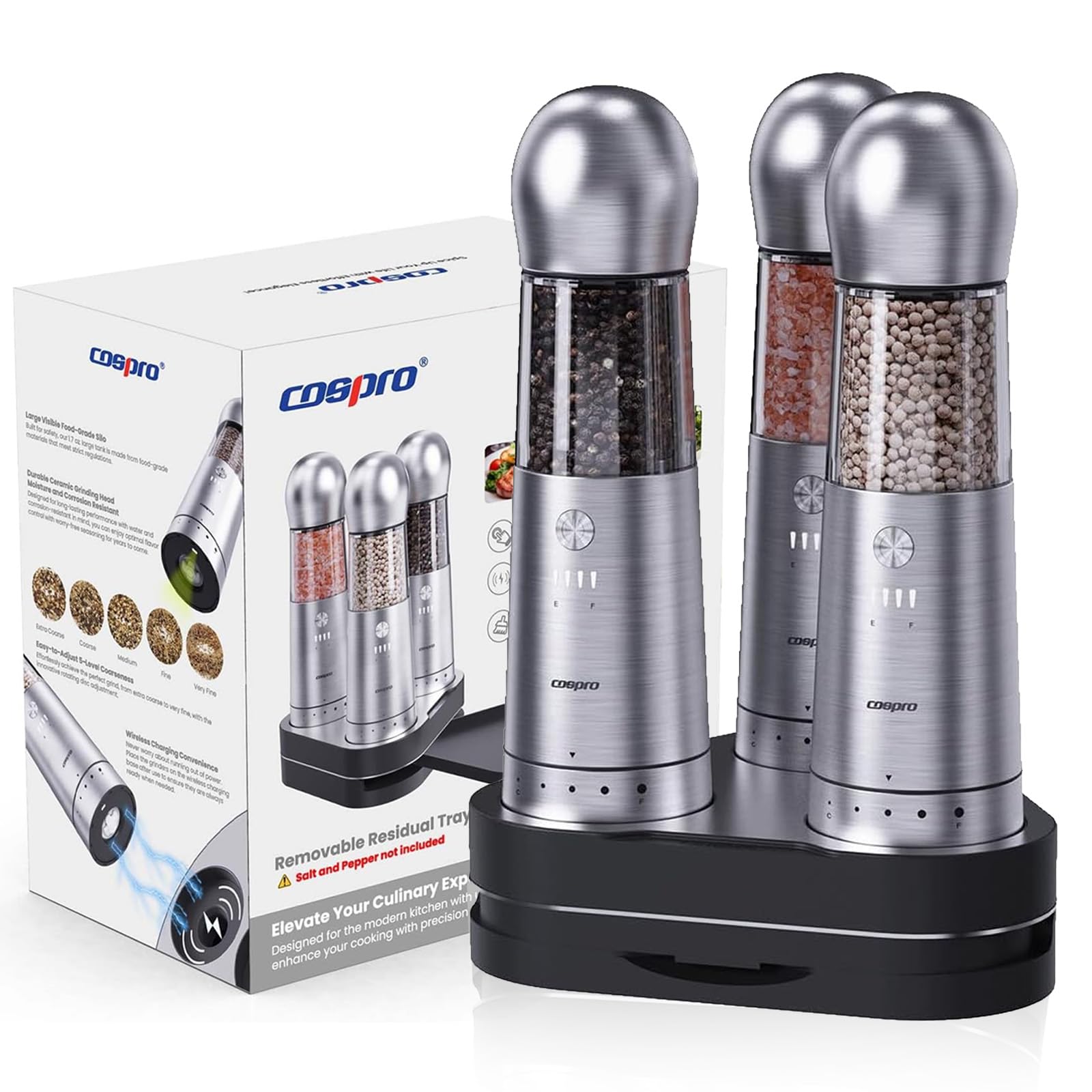 3-in-1 Wireless Charging Electric Salt & Pepper Grinder Set | Rechargeable, Adjustable Coarseness, Stainless Steel Spice Mill | One-Hand Operation, Easy Clean (5 Levels, Ceramic Grinder)