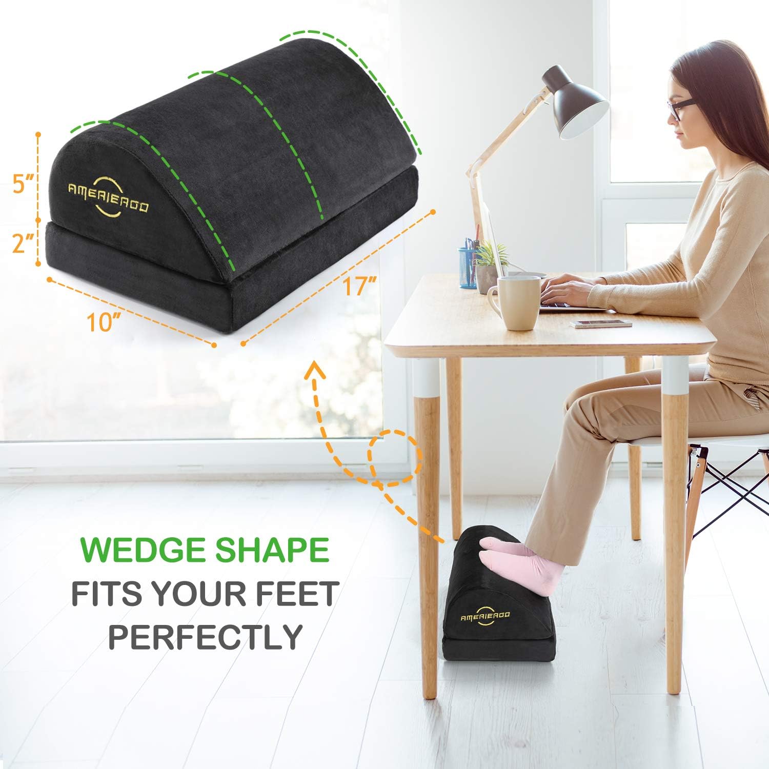 AMERIERGO Adjustable Under Desk Foot Rest - Office Desk Foot Rest with 2 Adjustable Heights, Ergonomic Foot Rest for Back & Knee Pain Relief, Foot Rest Cushion with Fabric Breathable Washable Cover : Office Products