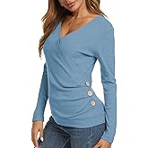 WEIYAN Women's V Neck Buttons Tunic Wrap Tops Long Sleeve Casual Vocation T-Shirts Work Blouse