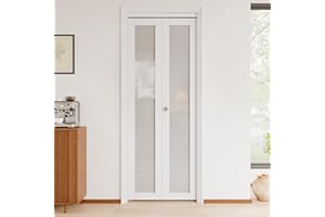 JuJuBon Bifold Doors, 30"x 80" Tempered Frosted Glass Bifold Closet Door with Sliding Hardware Kit, Interior Bi Fold Doors for Pantry, Solid Build Quality & Easy Install, White
