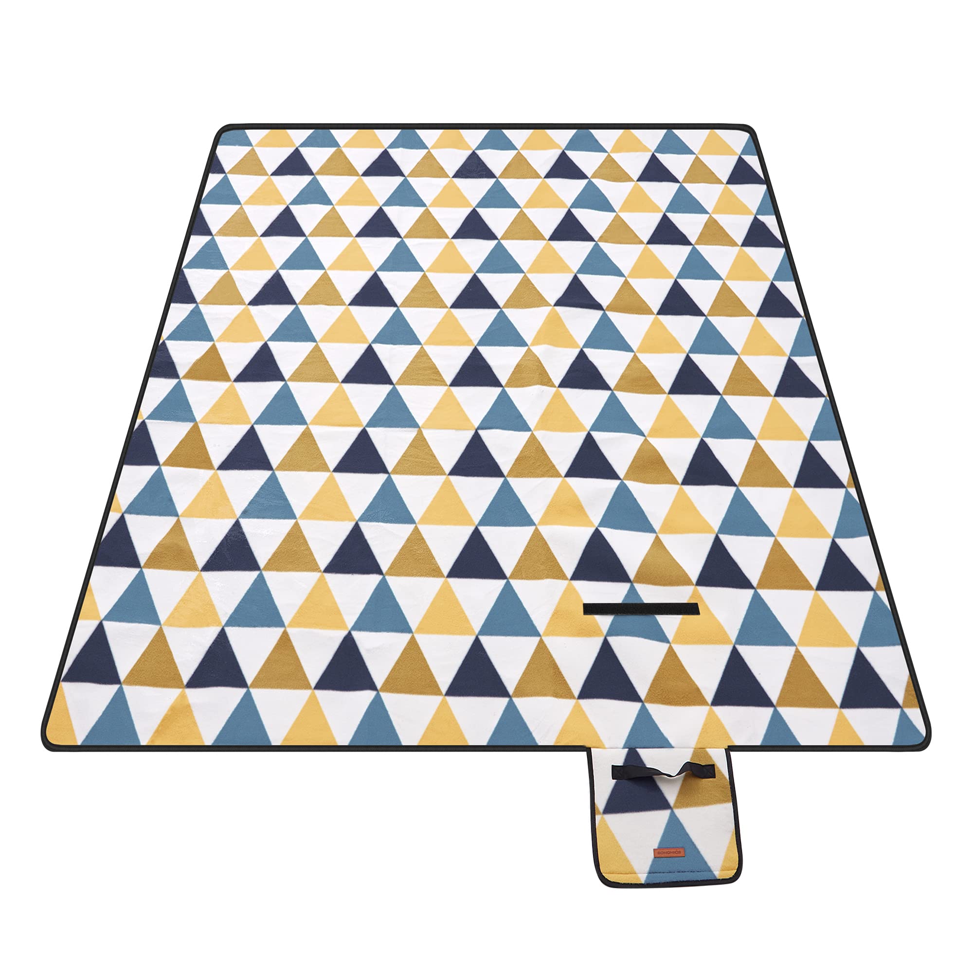 SONGMICS Picnic Blanket, 200 x 150 cm, Large Mat for Camping, Park, Garden, Garden, Outdoors, with Waterproof Backing, Foldable, Yellow and Blue Triangle Pattern GCM07S