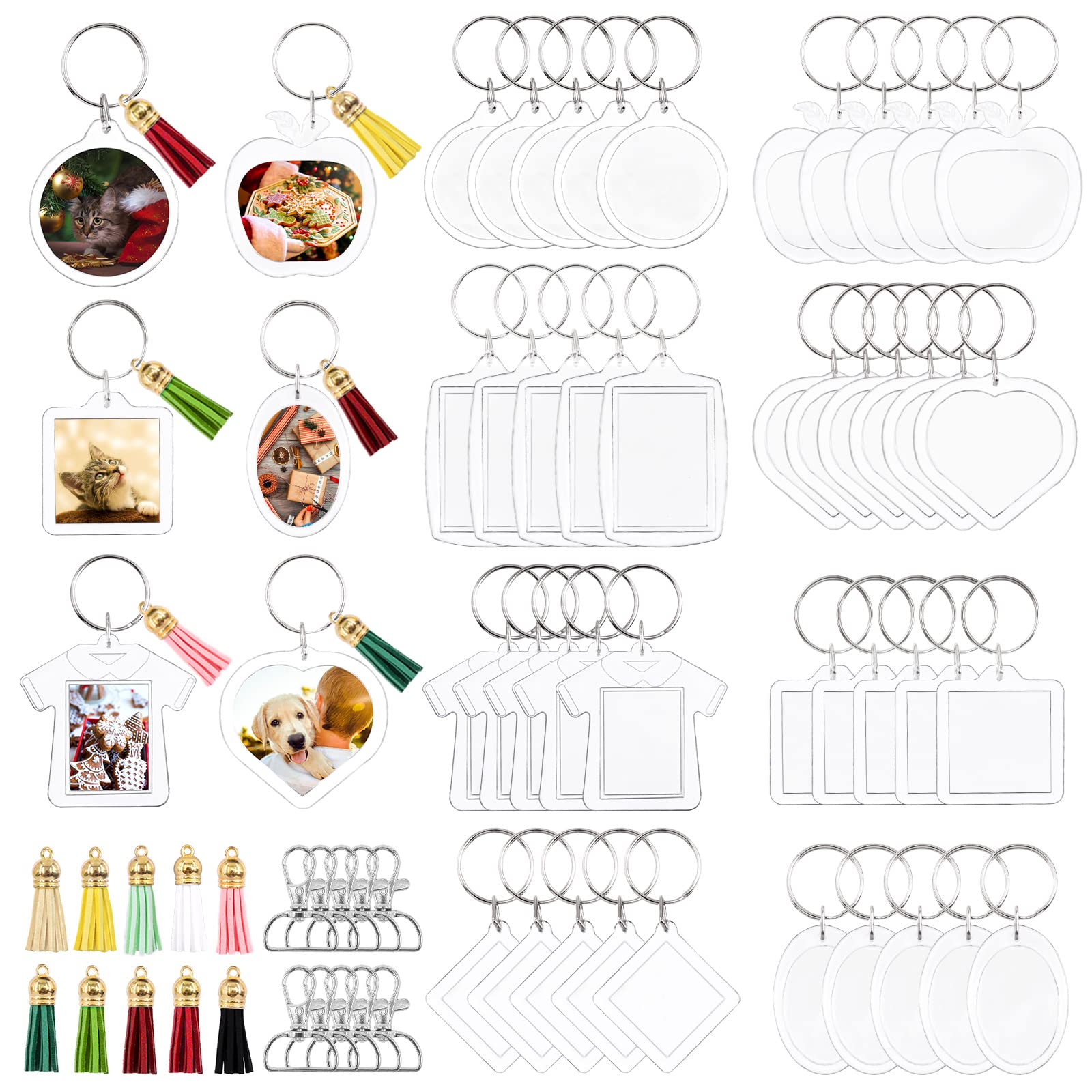 Mardatt 84 Pcs 8 Type Photo Frame Keychain Set, Clear Picture Insert Blank Keyrings with Split Ring and Tassels for Custom DIY Key Chain Projects and Crafts（Square, Heart, Oval, Round, Rectangle,ect