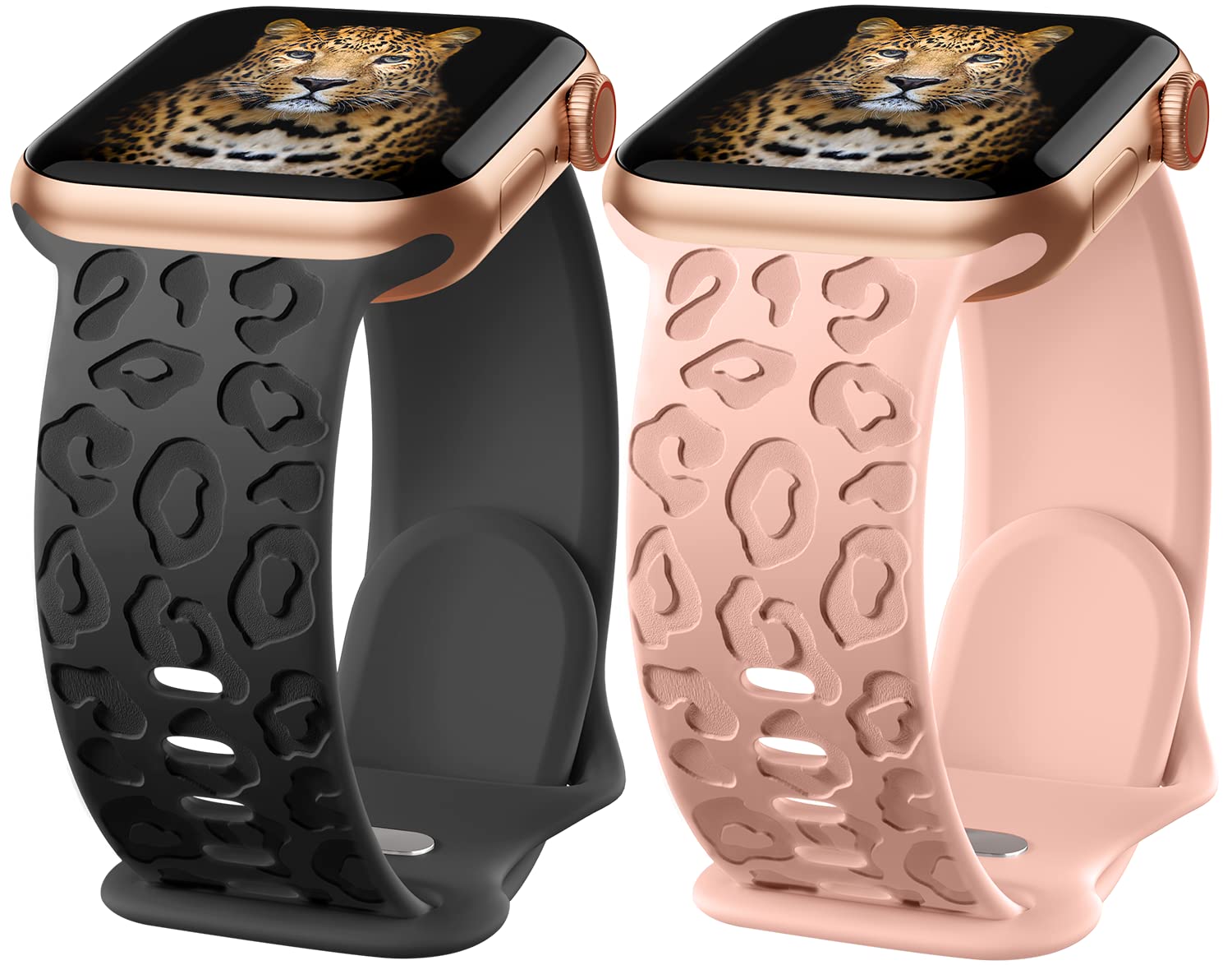 Photo 1 of IKANFI 2Pack Leopard Engraved Bands Compatible with Apple Watch Band 49mm 46mm 45mm 44mm 42mm Women, Silicone Cheetah Sport Strap for iWatch Series SE 10 9 8 7 6 5 4 3 2 1,Ultra-BKPK42