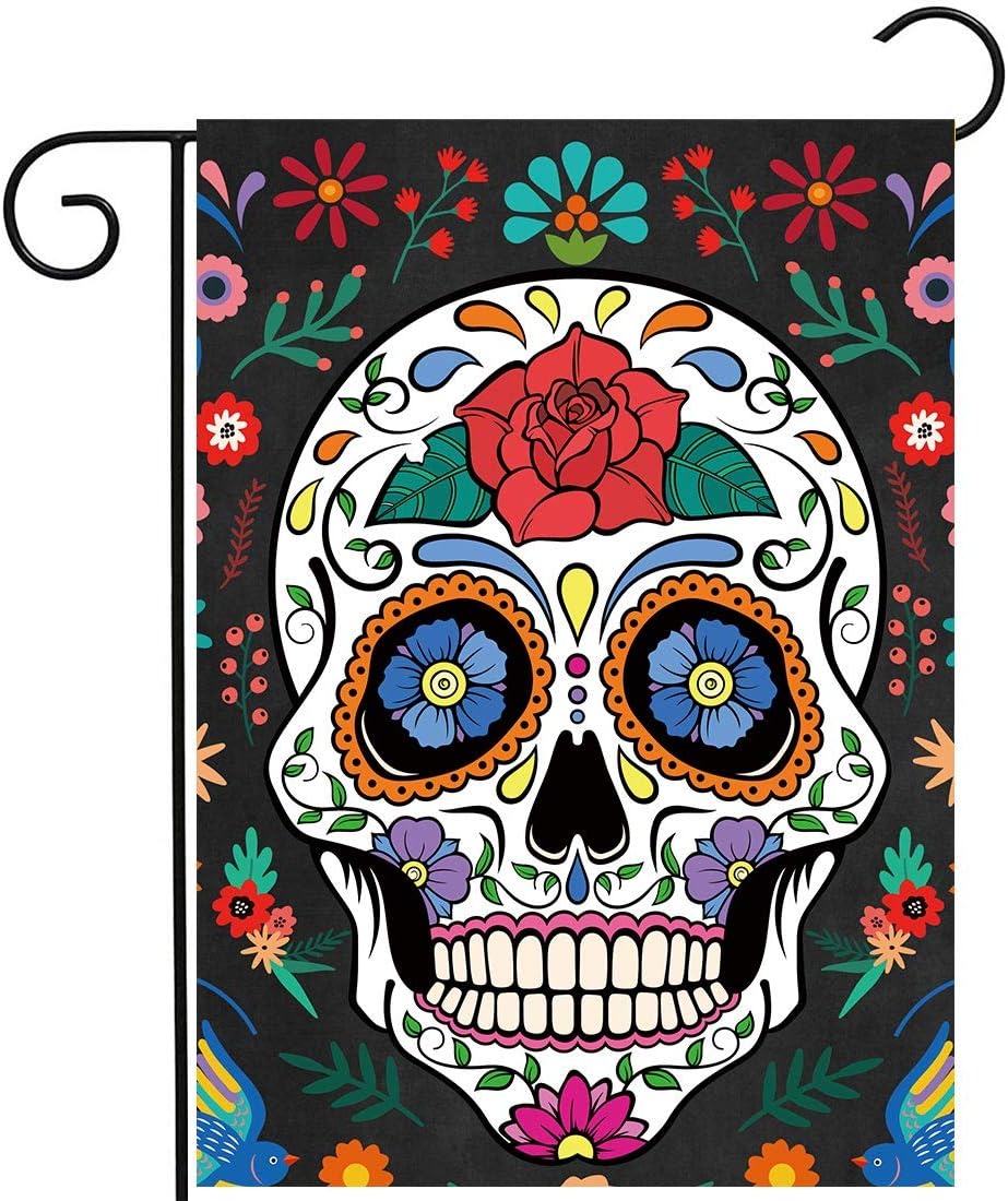 Allenjoy Day of The Dead Garden Flag for Outside Vertical Mexican Fiesta Dia DE Los Muertos Banner House Lawn Banners Yard Porch Sign Patio Outdoor Decorations 12x18 Double Sided Washable Polyester