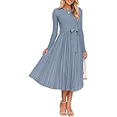 ZESICA Women's Fall Long Sleeve Midi Dress 2025 Casual Crewneck Knit Belted Pleated A Line Flowy Party Dresses