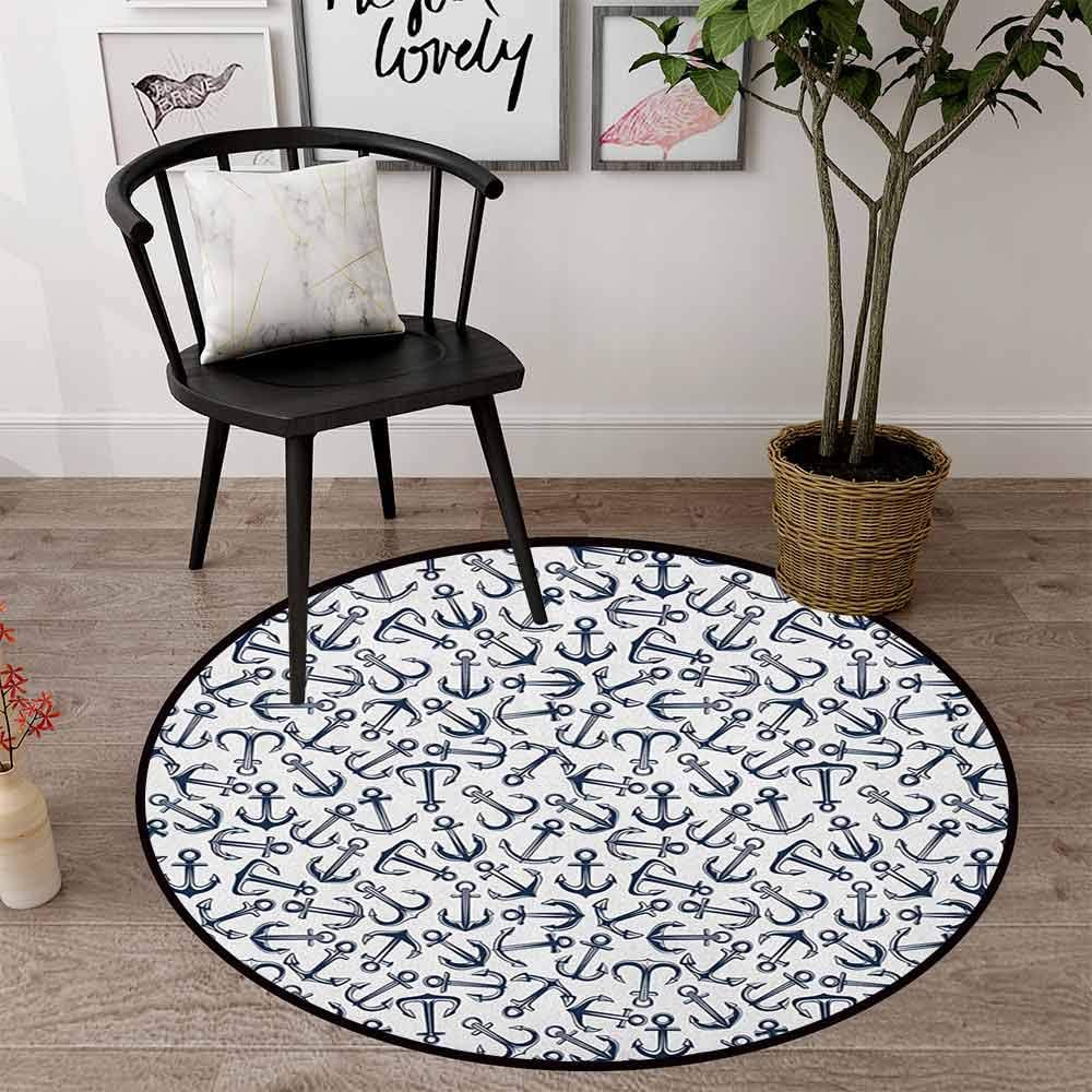 Anchor Area Round Rug 31" Round, Dark Blue White, Ships Anchors Randomly Scattered Over White Background Retro Style Maritime, For Living Room, Bedroom, And Dining Room (Round 80cmx80cm)