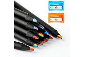 Motroce 12 PCS Rainbow Pencils Multicolored 7 in 1 Rainbow Colored Pencil with 2 sharpeners for Kids,Black Wooden Bulk Colored Pencils Assorted Colors Art Supplies Color Pencils for Kids
