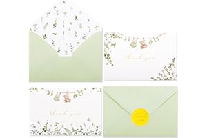 Crisky Sage Green Baby Shower Thank You Cards with Envelopes & Stickers(50 Pack), Eucalyptus Baby Thank You Cards Bulk with W